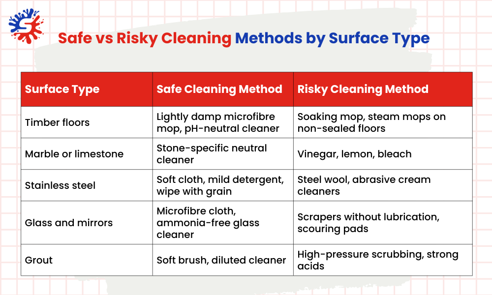 Safe vs Risky Cleaning Methods by Surface Type